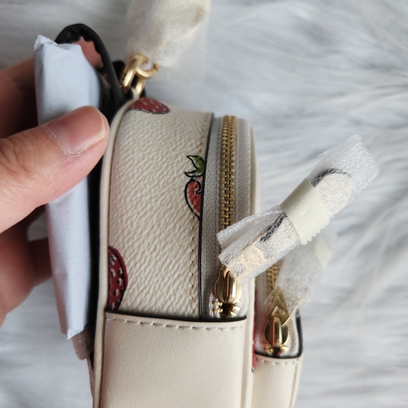 Coach Cream Mini Backpack Keychain with Strawberry Print - Picture 2 of 8